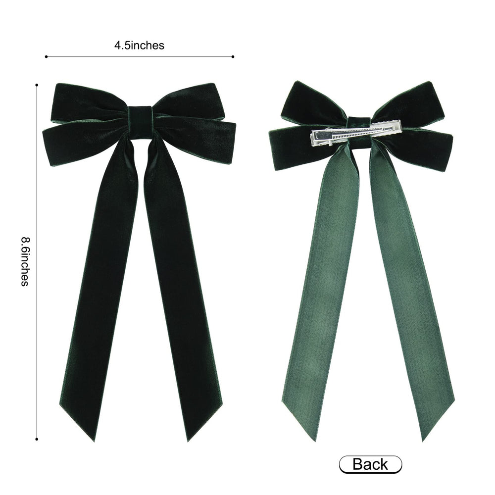 Aileam green velvet bows with alligator clip shown on dress-ready look for toddlers