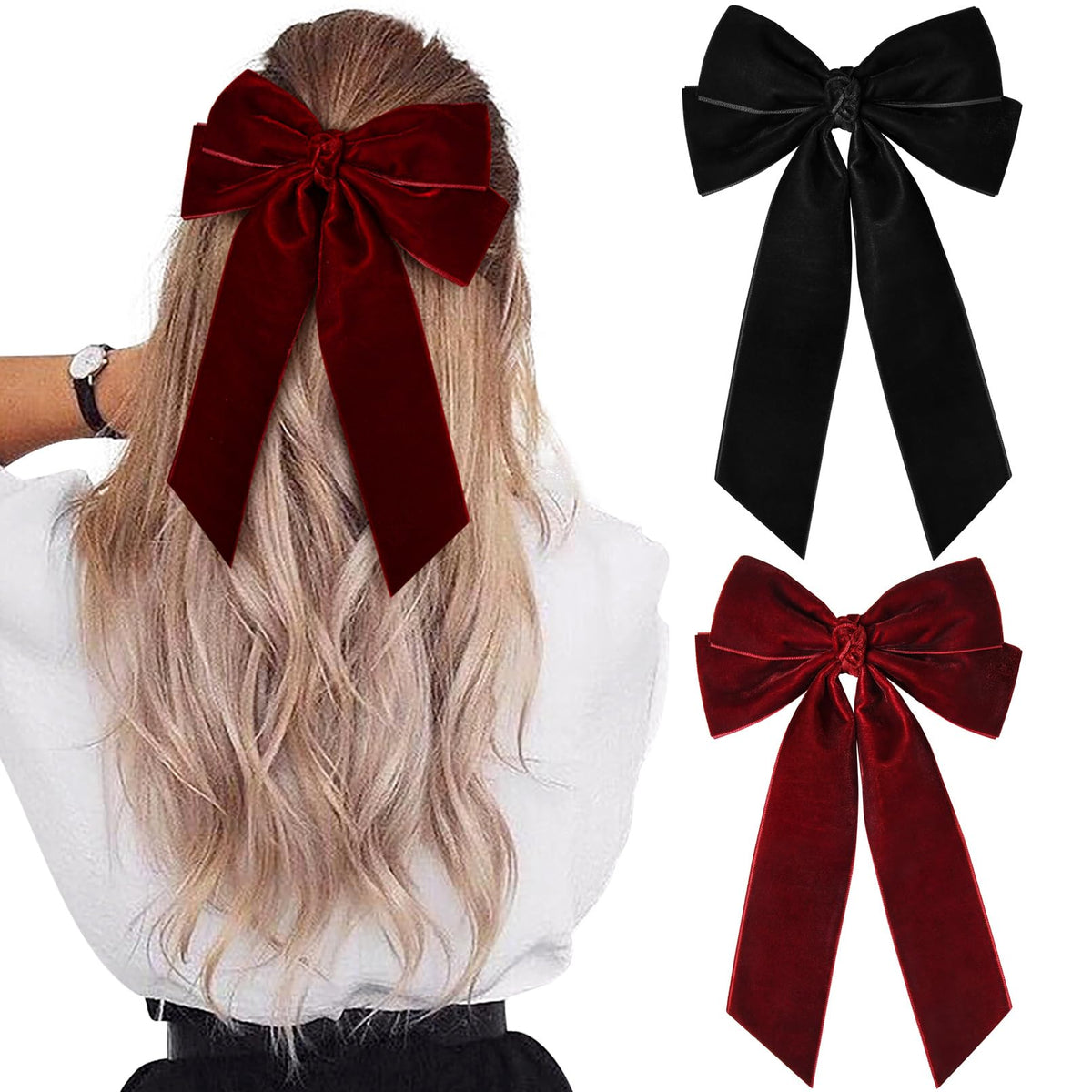 Aileam velvet bow black close-up shows soft fabric and secure alligator clip.