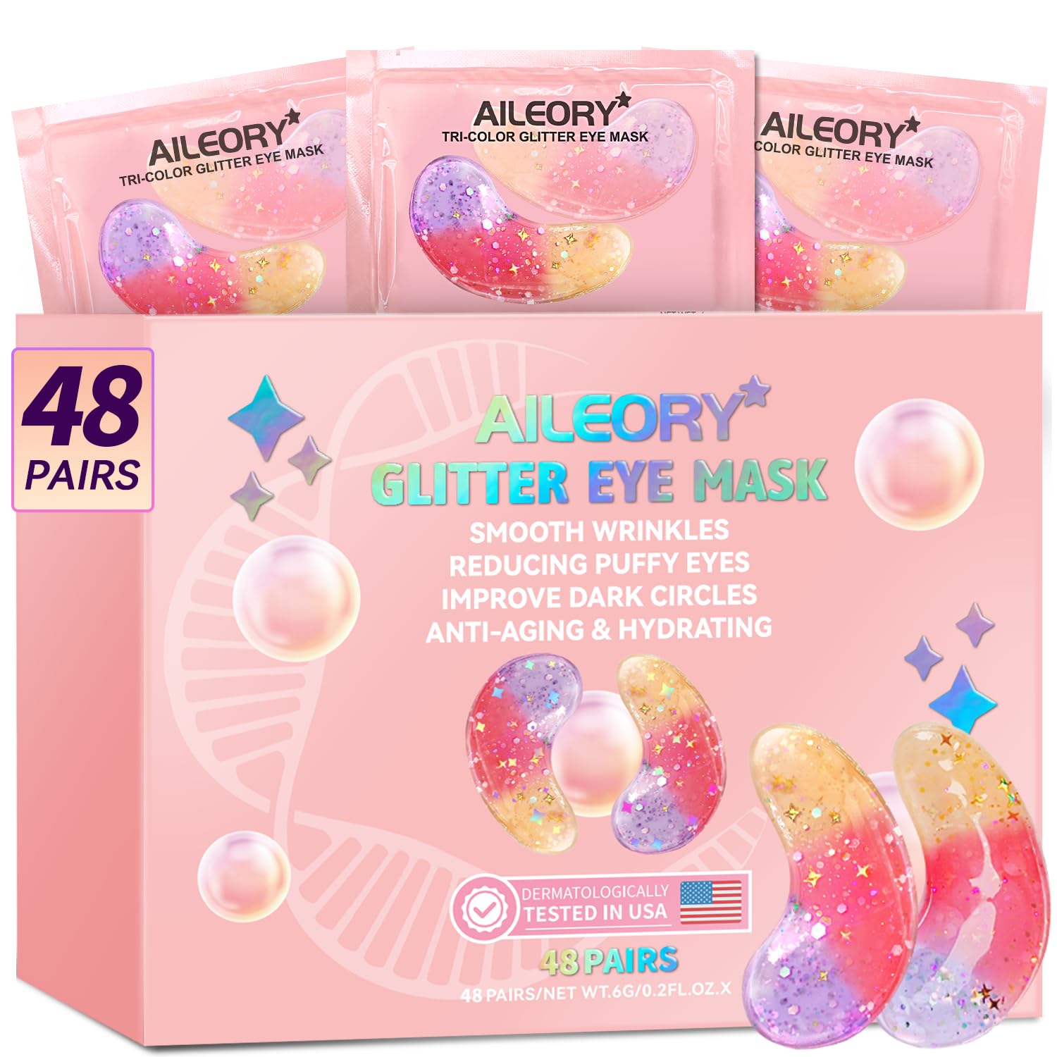AILEORY Under Eye Patches pack with tri-color glitter pads for a refreshed look