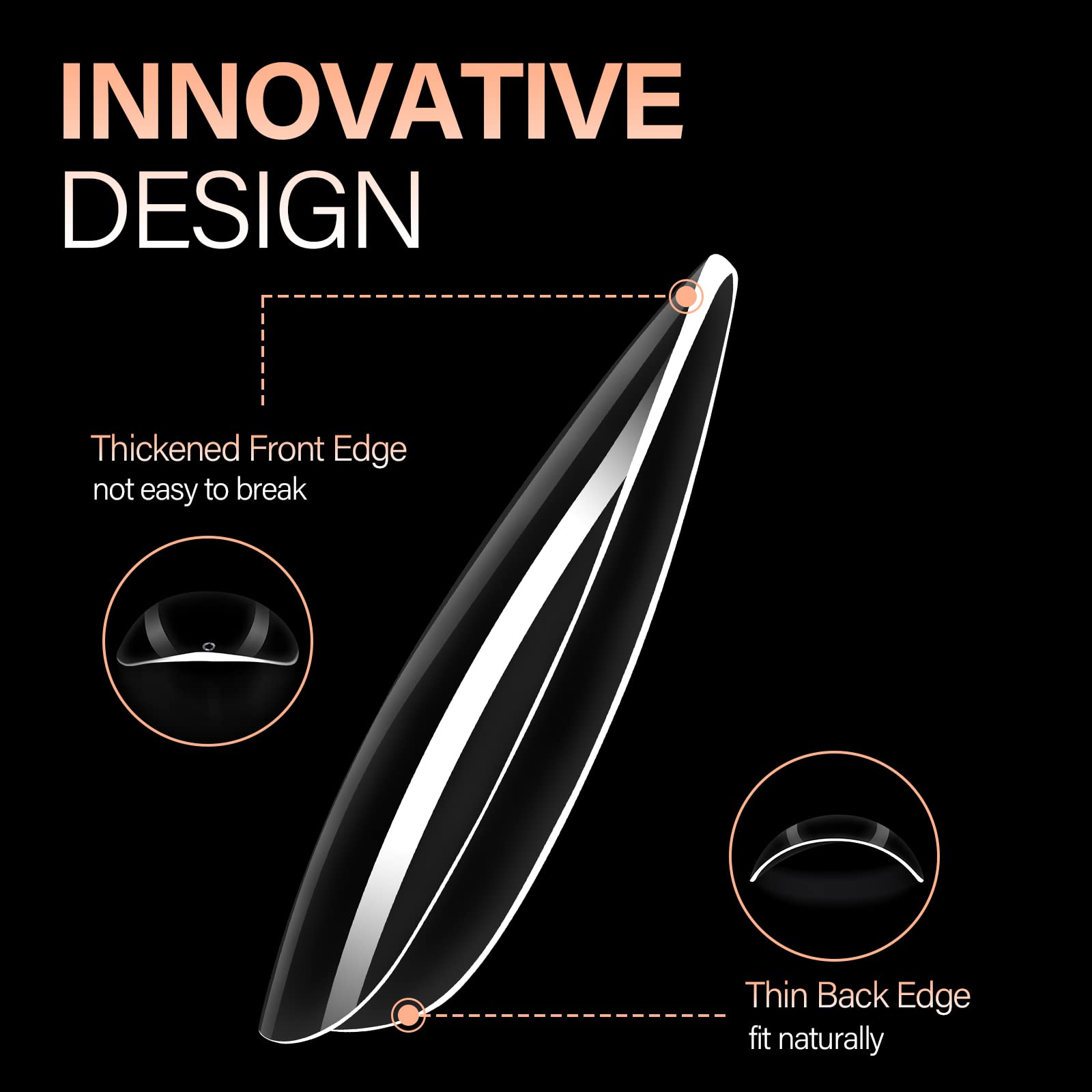 AILLSA Almond Nail Tips thin back edge, thick front edge for comfortable wear.