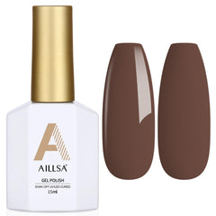 AILLSA Brown Gel Nail Polish bottle closeup showing rich chocolate brown shade for chic nails
