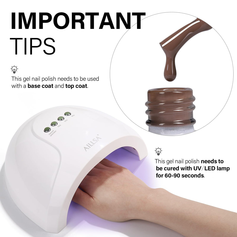 AILLSA Brown Gel Nail Polish LED curing process illustrated for salon-quality results