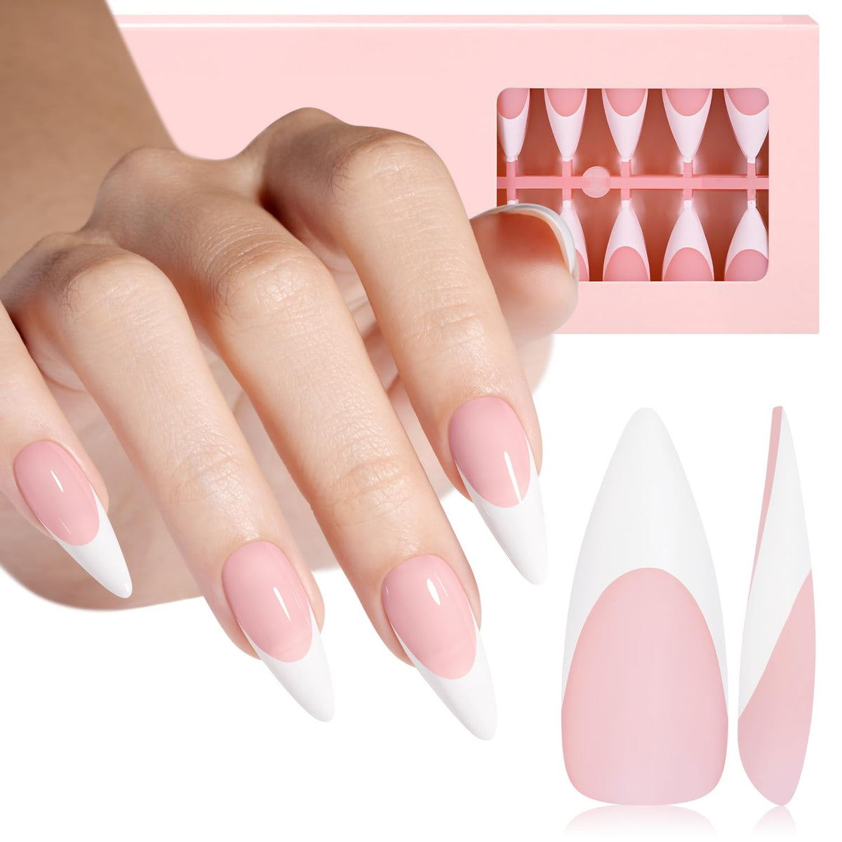 AILLSA French gel nail tips long almond pink with pre-applied primer for quick manicure.