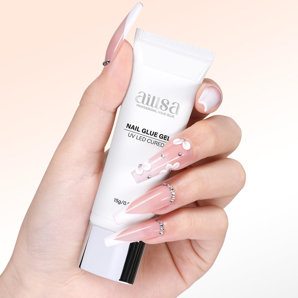 AILLSA solid gel nail glue demonstrates bubble-free application for beginners.