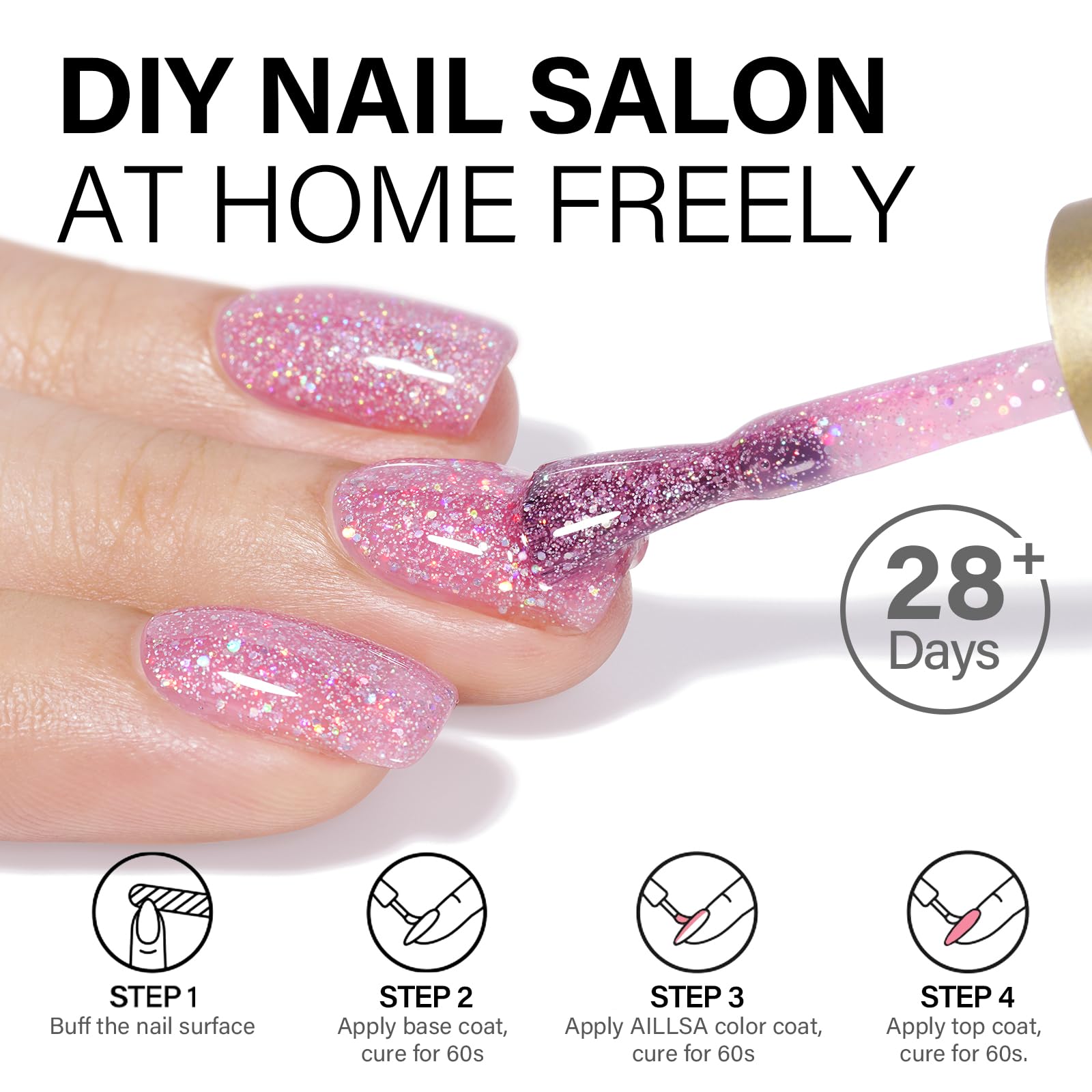AILLSA Pink Glitter Gel Nail Polish glitter particles capture light for festive nails.