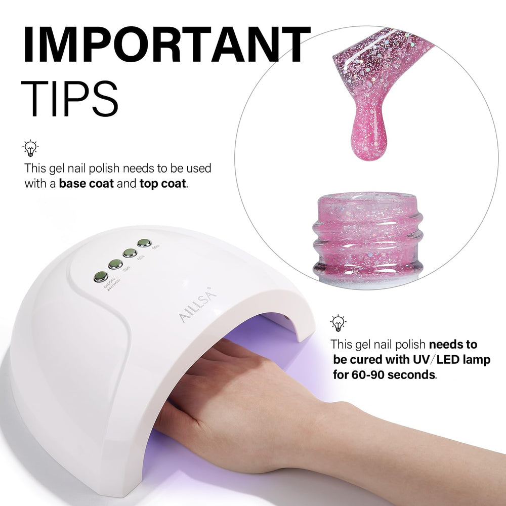 AILLSA Pink Glitter Gel Nail Polish packaging shows color and brand promise.