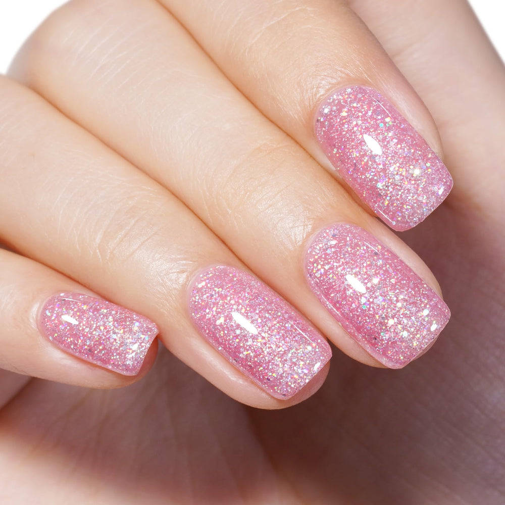 AILLSA Pink Glitter Gel Nail Polish swirl application highlights smooth, glassy finish and easy coverage.