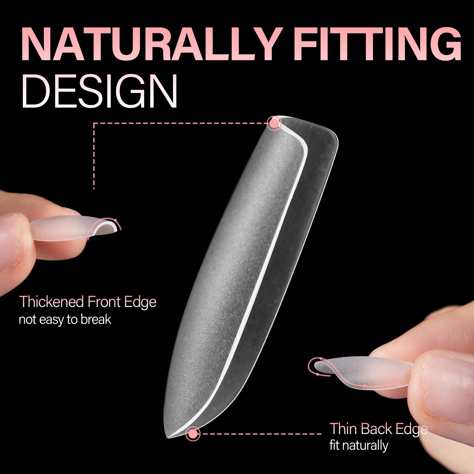 AILLSA pre-shaped coffin tips with thicker front edge for a natural-looking fit.