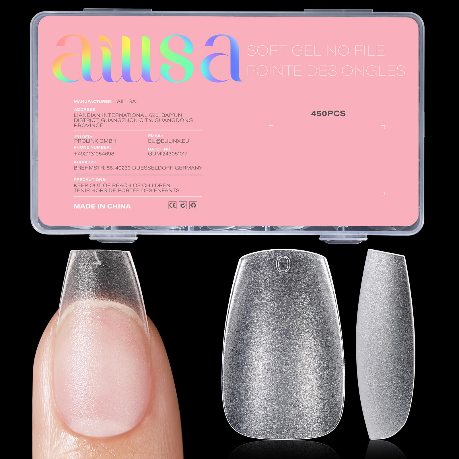 AILLSA short coffin nail tips 450-piece pack for at-home salon-quality nails.