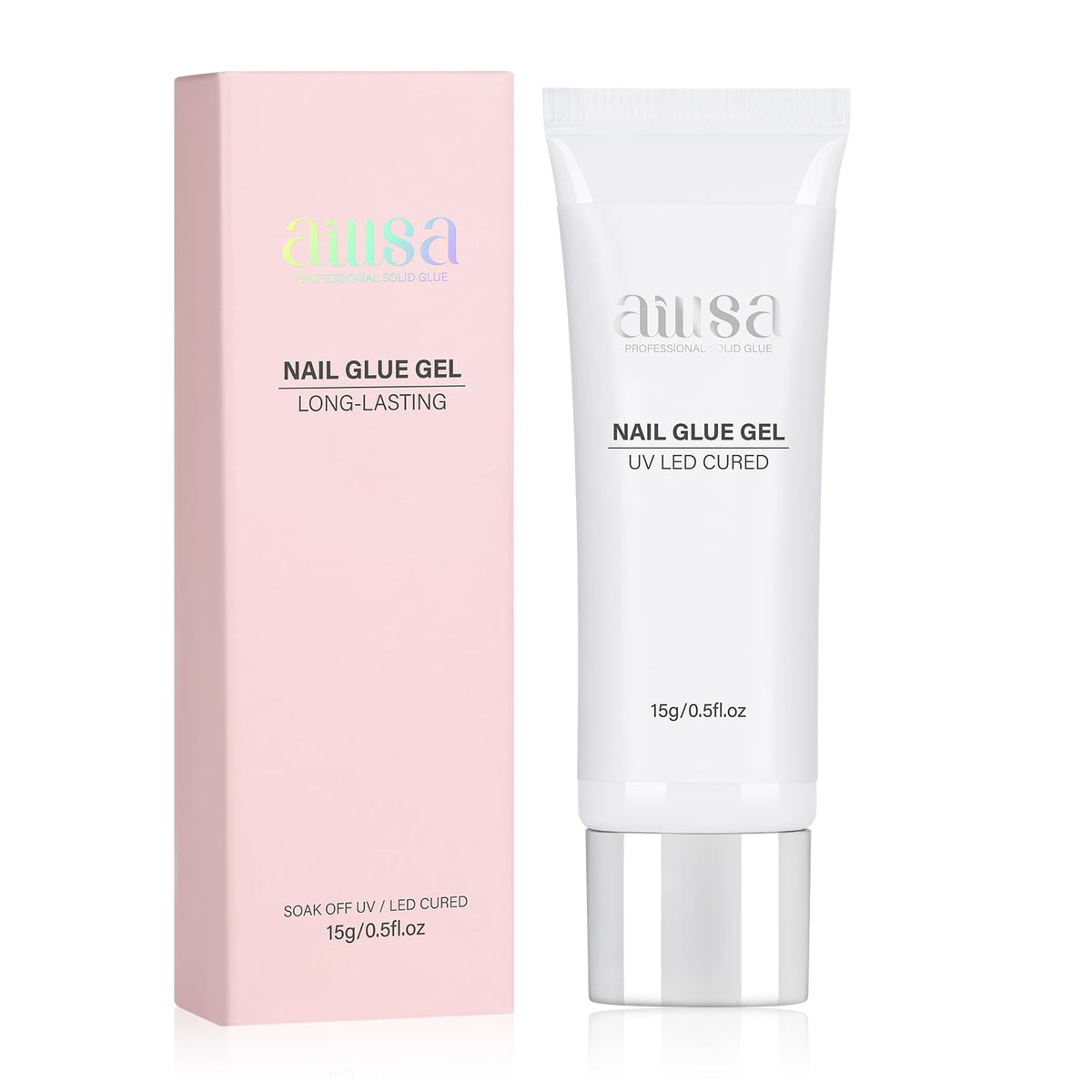 AILLSA solid gel nail glue bottle closeup shows crystal-clear formula for seamless adhesion.