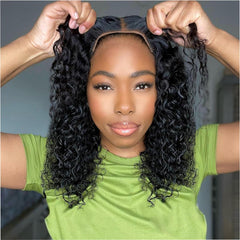 Ailwelia Curly Bob Wig HD lace close-up with natural hairline and bleached knots.
