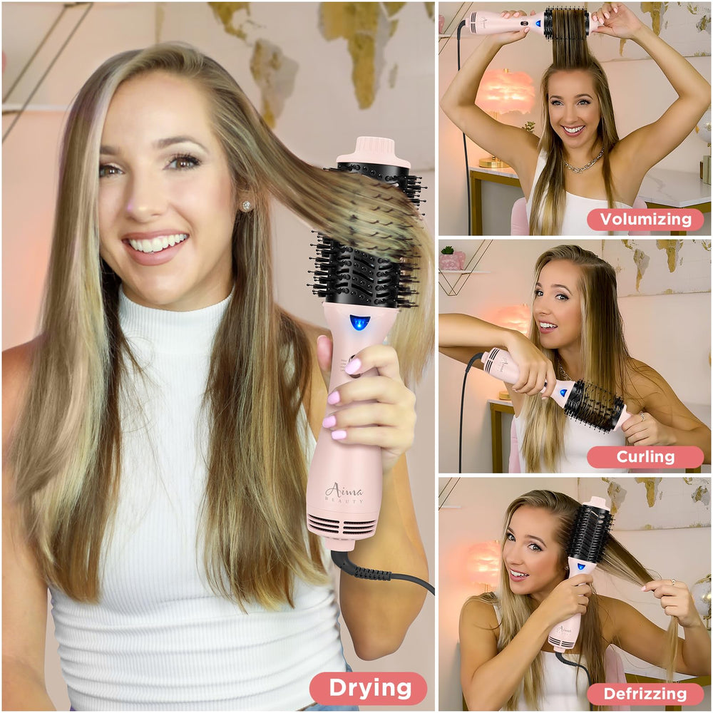 Aima Beauty pink ergonomic handle closeup highlighting comfortable grip during use.