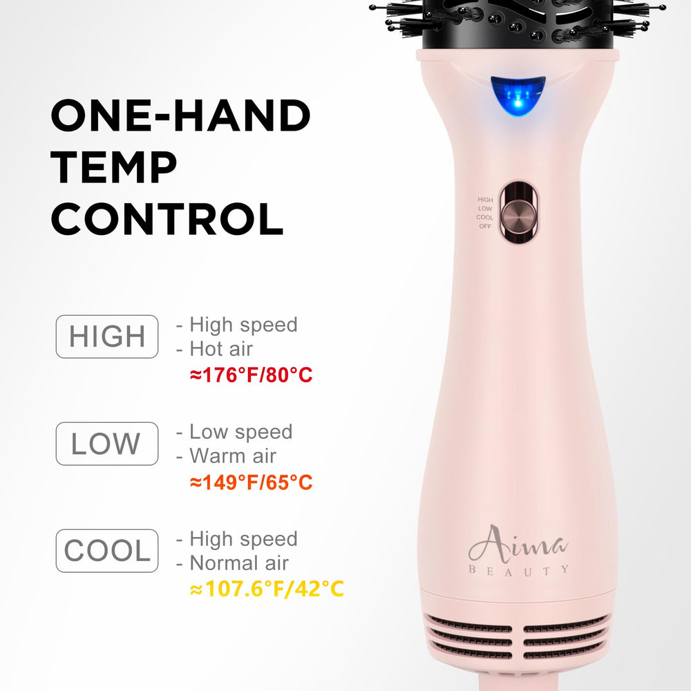 Aima Beauty four-in-one styling pink image showcasing drying, volumizing, curling, straightening.