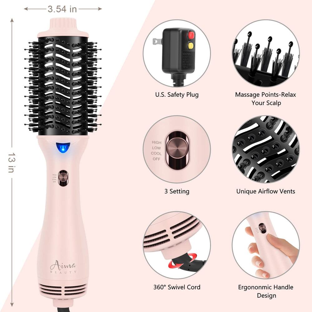 Aima Beauty pink in-use shot capturing smoothing and shine during styling.