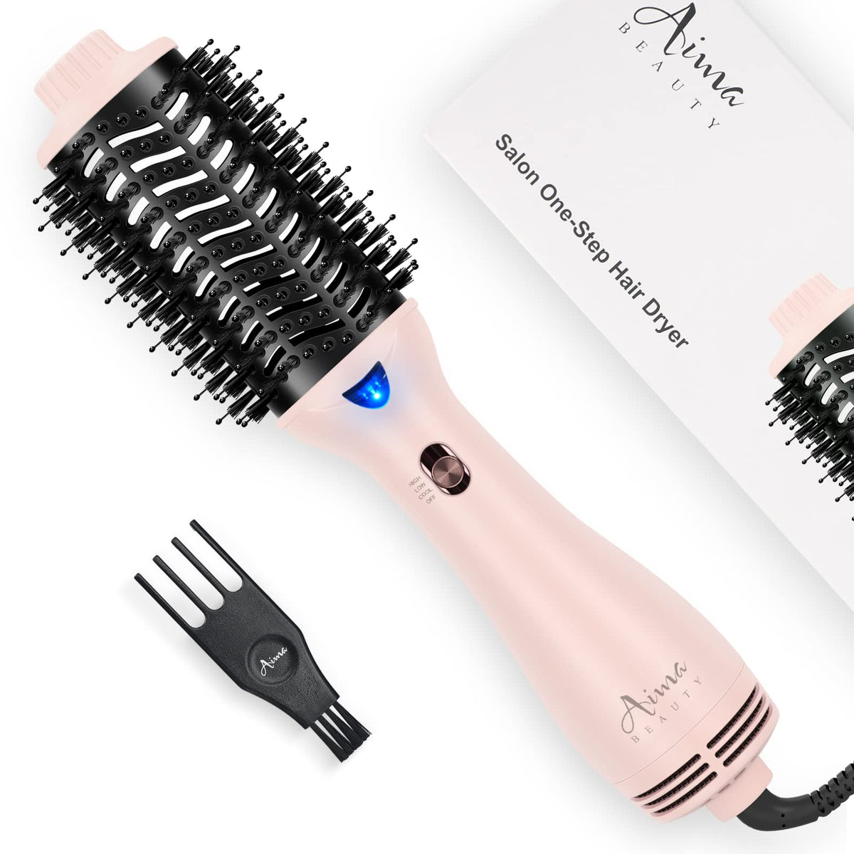 Aima Beauty One Step Volumizer pink hero image showing quick styling with frizz control.