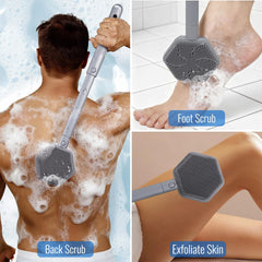 AIMAIAIMAI silicone back scrubber features drainage hole and storage loop for quick drying.