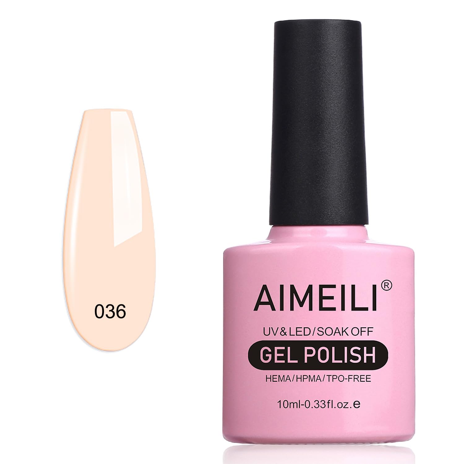 AIMEILI gel para uñas tono rosa pesca suave 036, acabado duradero y brillo.
