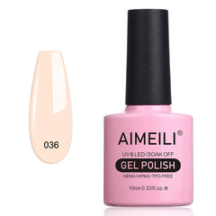 AIMEILI gel para uñas tono rosa pesca suave 036, acabado duradero y brillo.