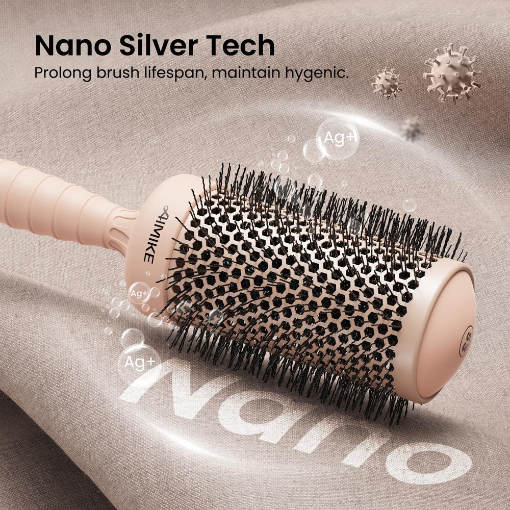 AIMIKE round brush highlights nano silver ion tech for hygienic styling and reduced frizz