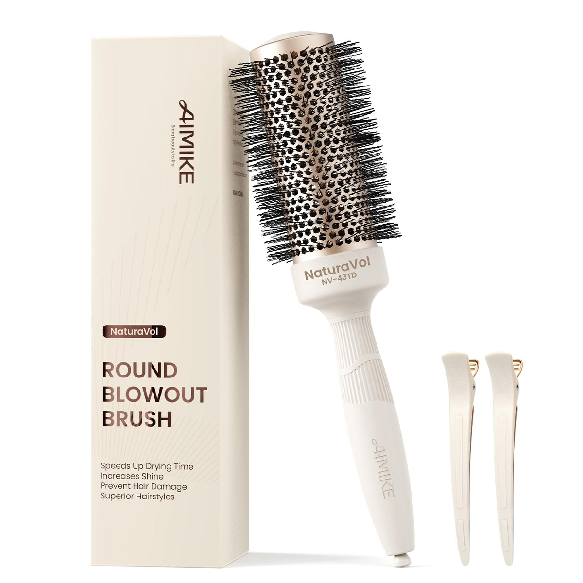 AIMIKE NaturaVol round brush close-up on the ceramic-coated barrel for smooth, even heat