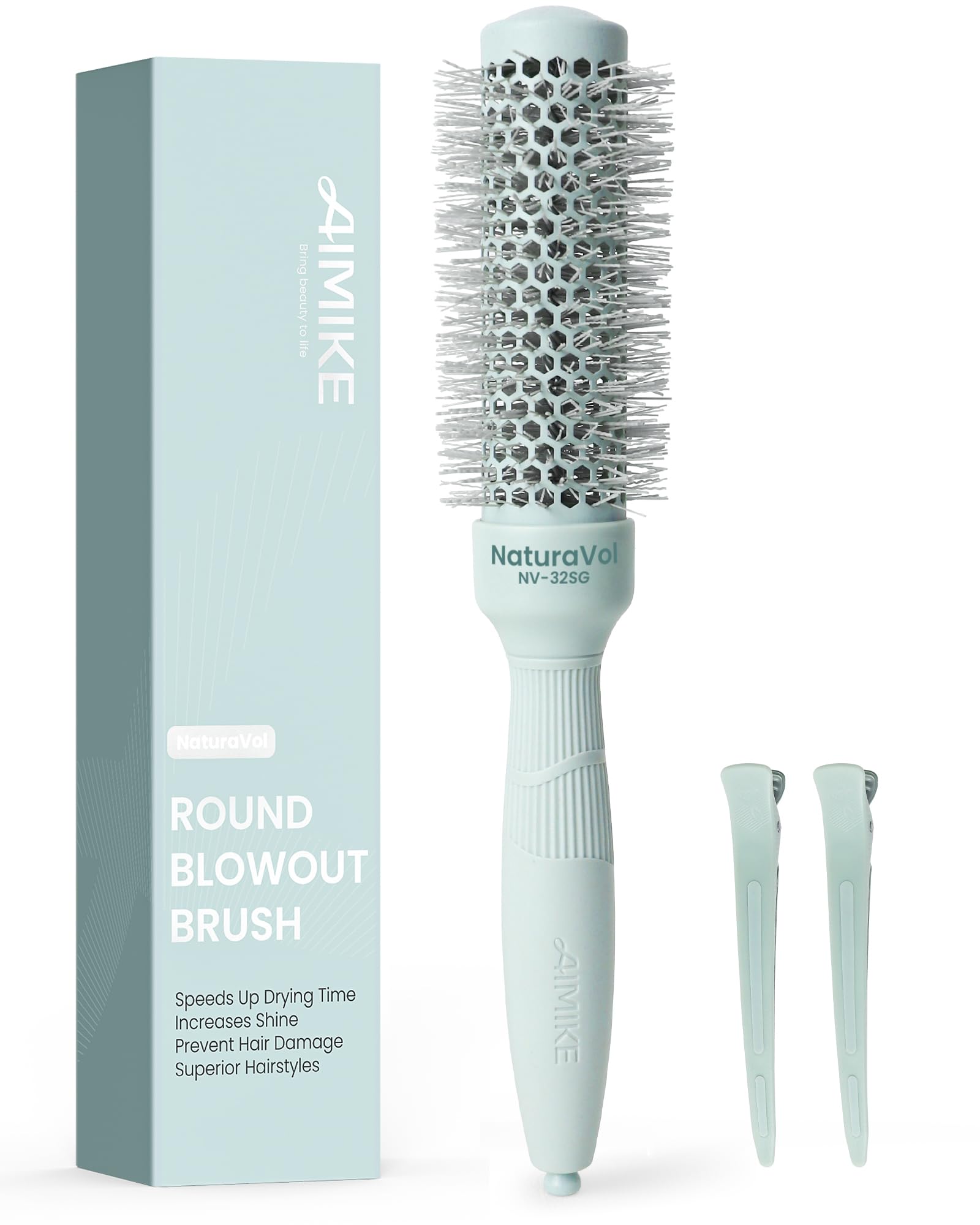 AIMIKE NaturaVol round brush close-up of the 1.3-inch barrel for smooth blowouts.