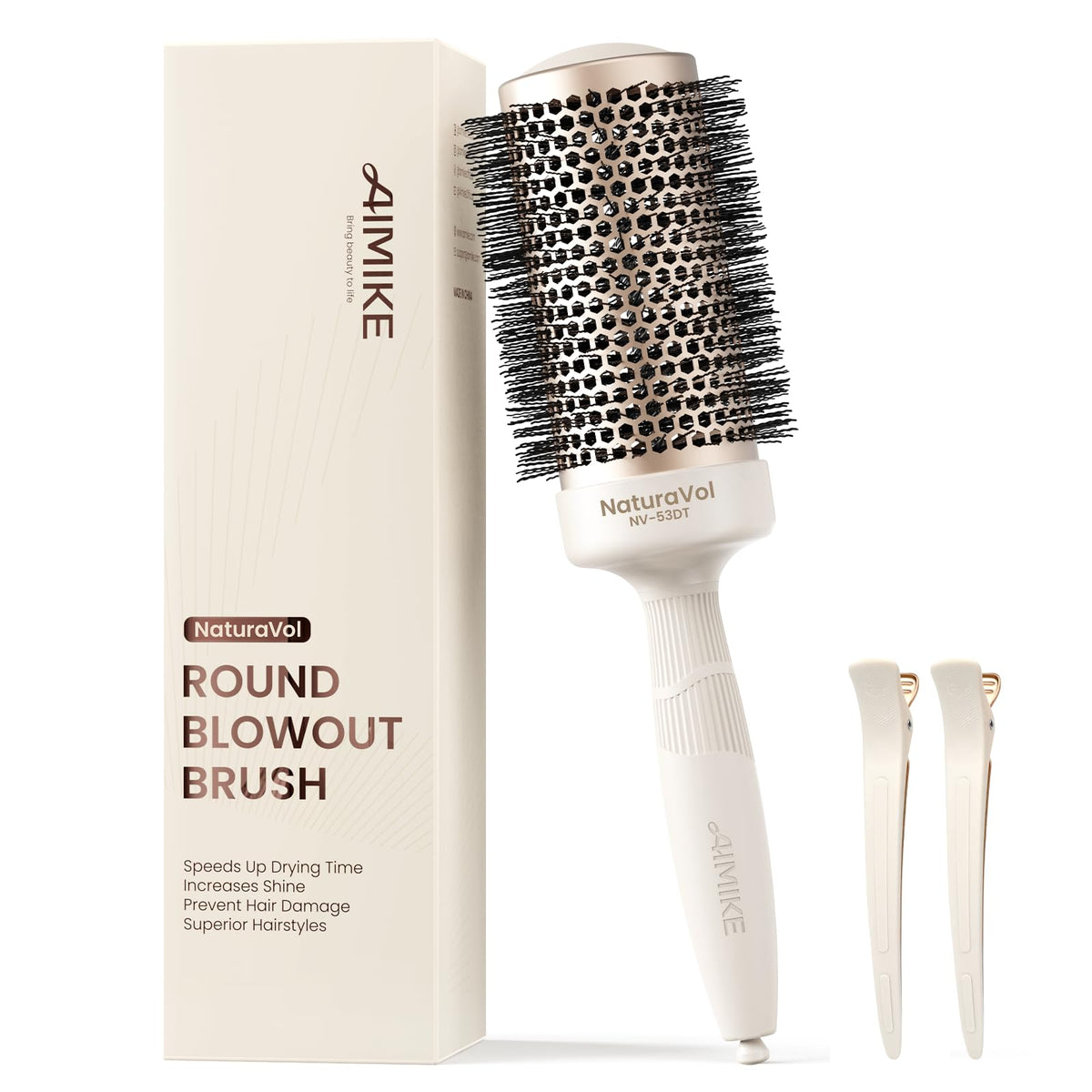 AIMIKE NaturaVol round brush barrel closeup showing ceramic coating for even heat and smooth styling.