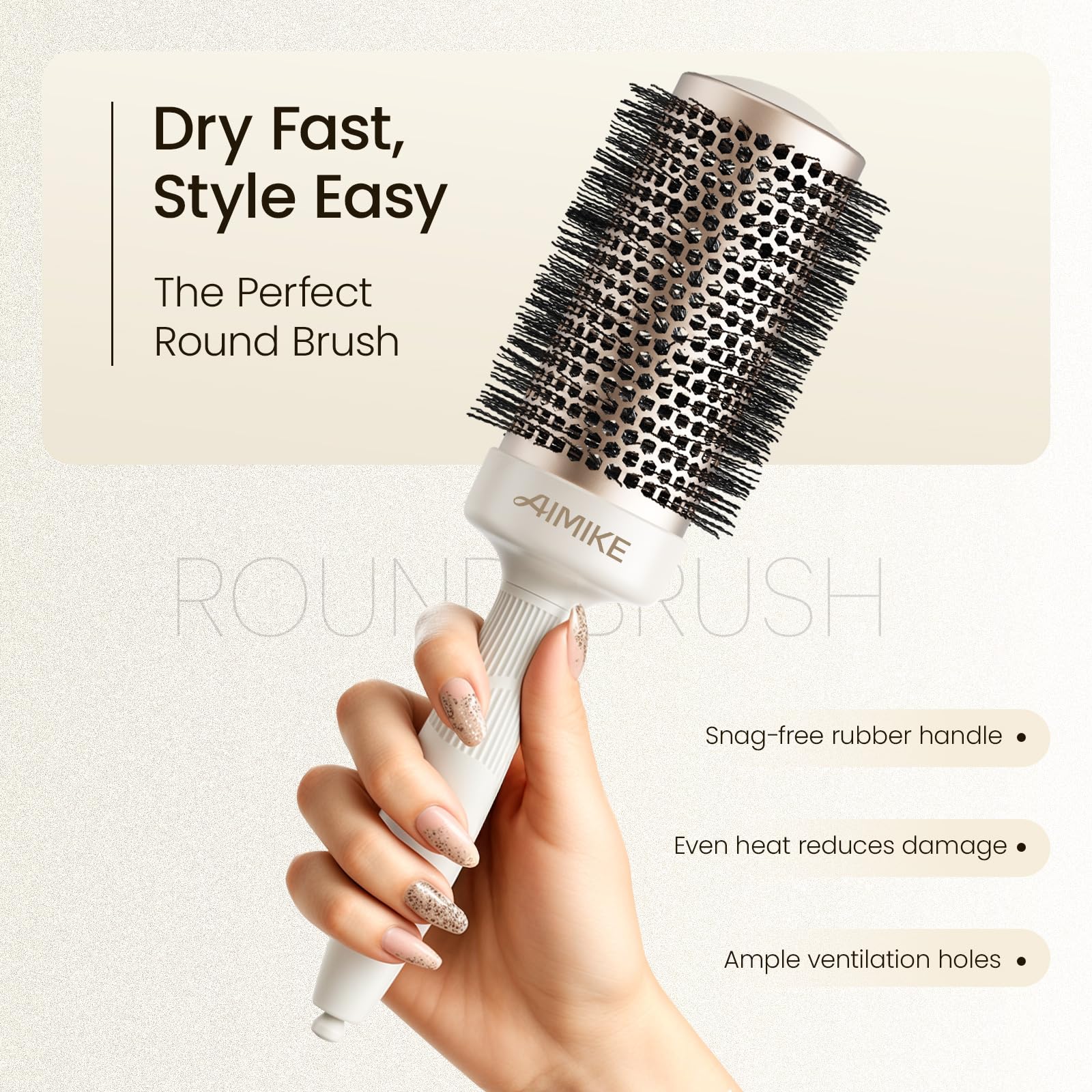 AIMIKE NaturaVol round brush bristle detail showing heat-resistant, hair-gripping bristles.