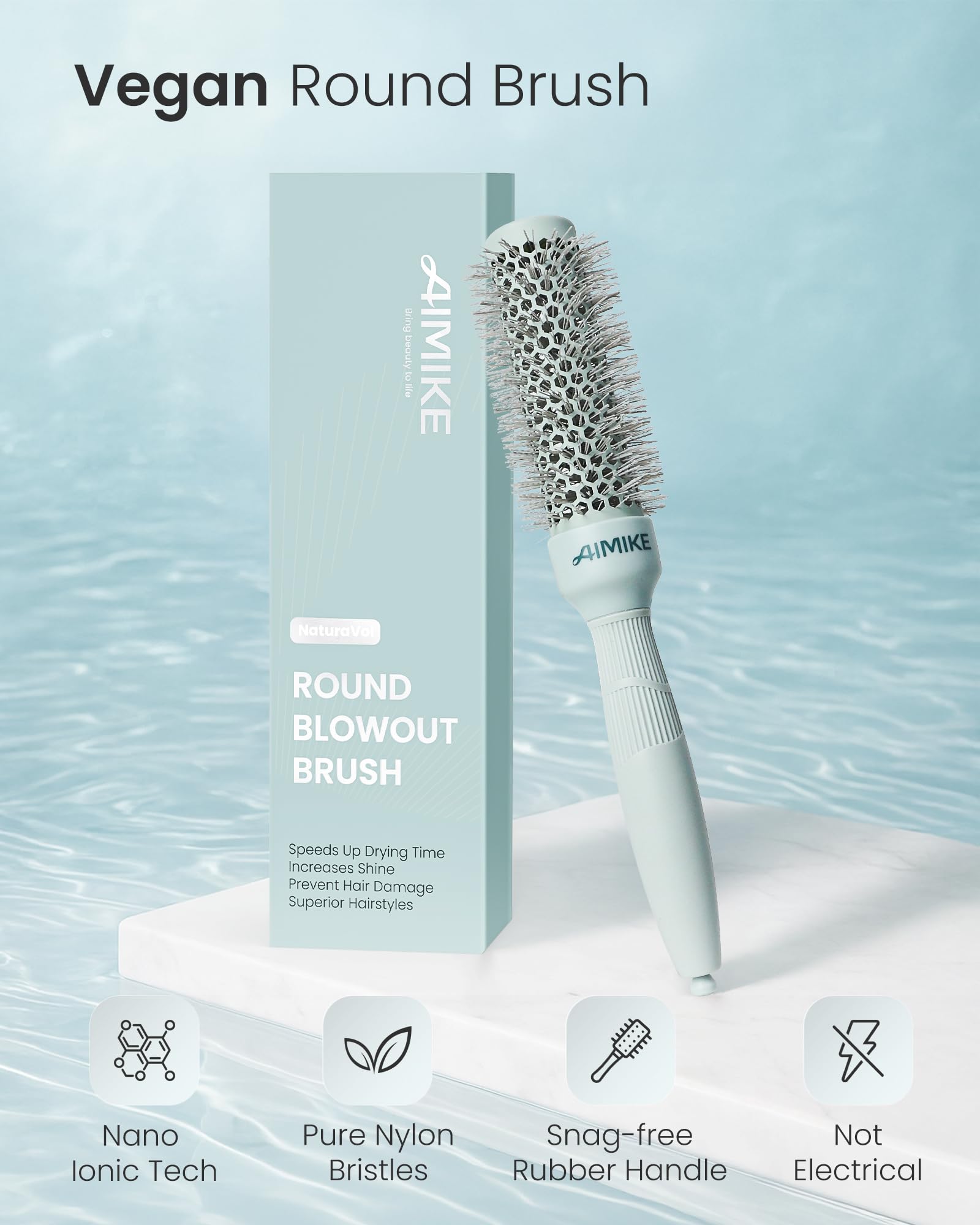 AIMIKE NaturaVol round brush with straight and wavy bristles for easy glide and styling.