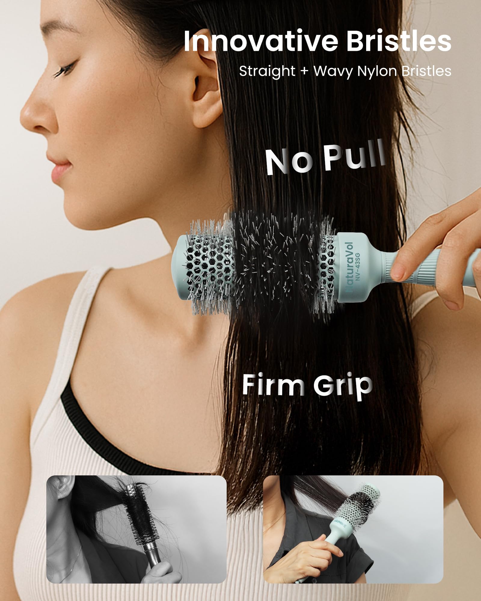 Showcasing the ergonomic handle of AIMIKE NaturaVol Round Brush for comfort.