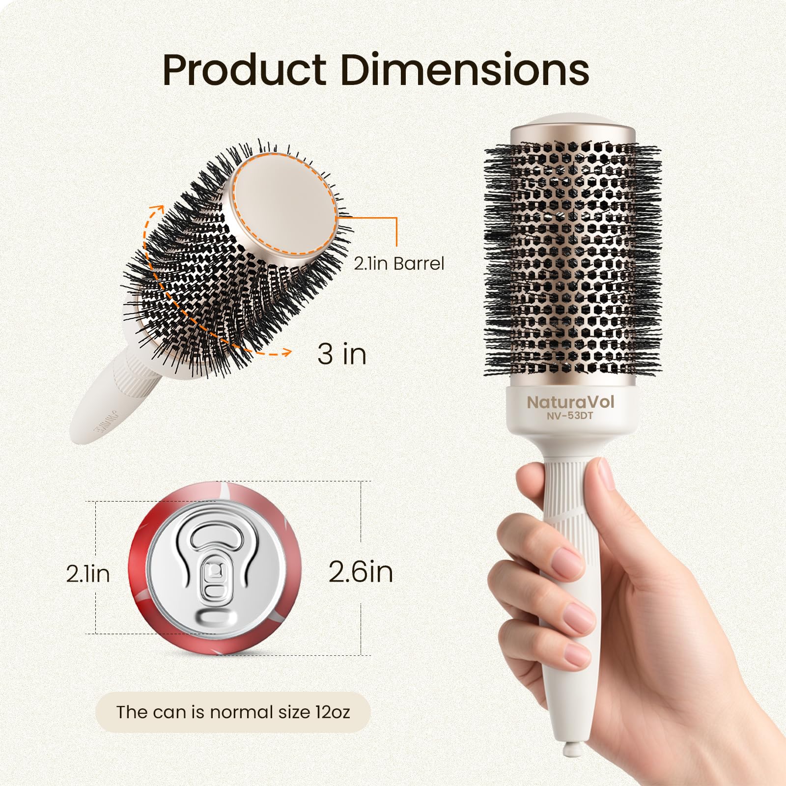 AIMIKE NaturaVol round brush ergonomic handle designed to minimize wrist fatigue during blowouts.
