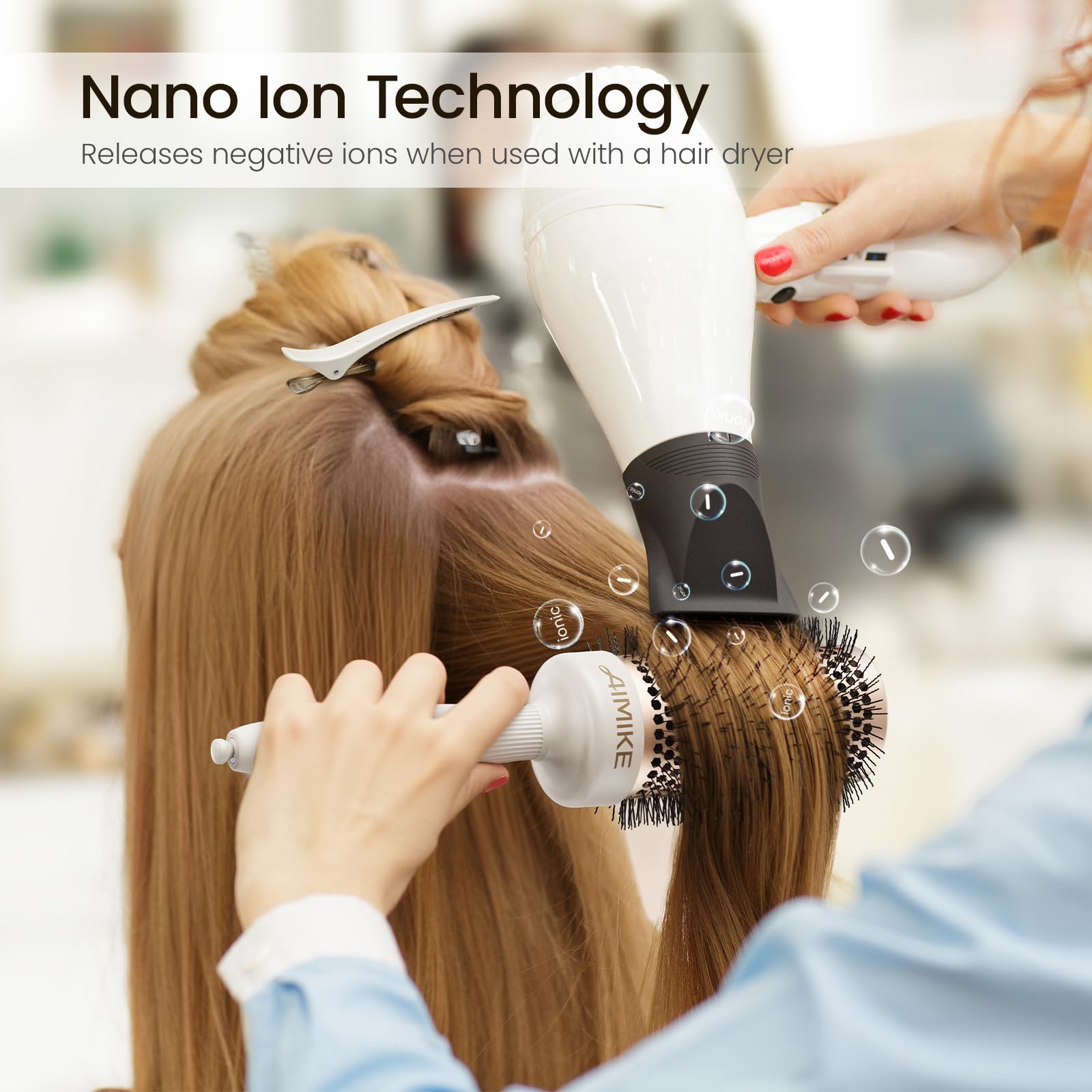 AIMIKE NaturaVol round brush nano ion technology reduces static for gloss and smoothness.