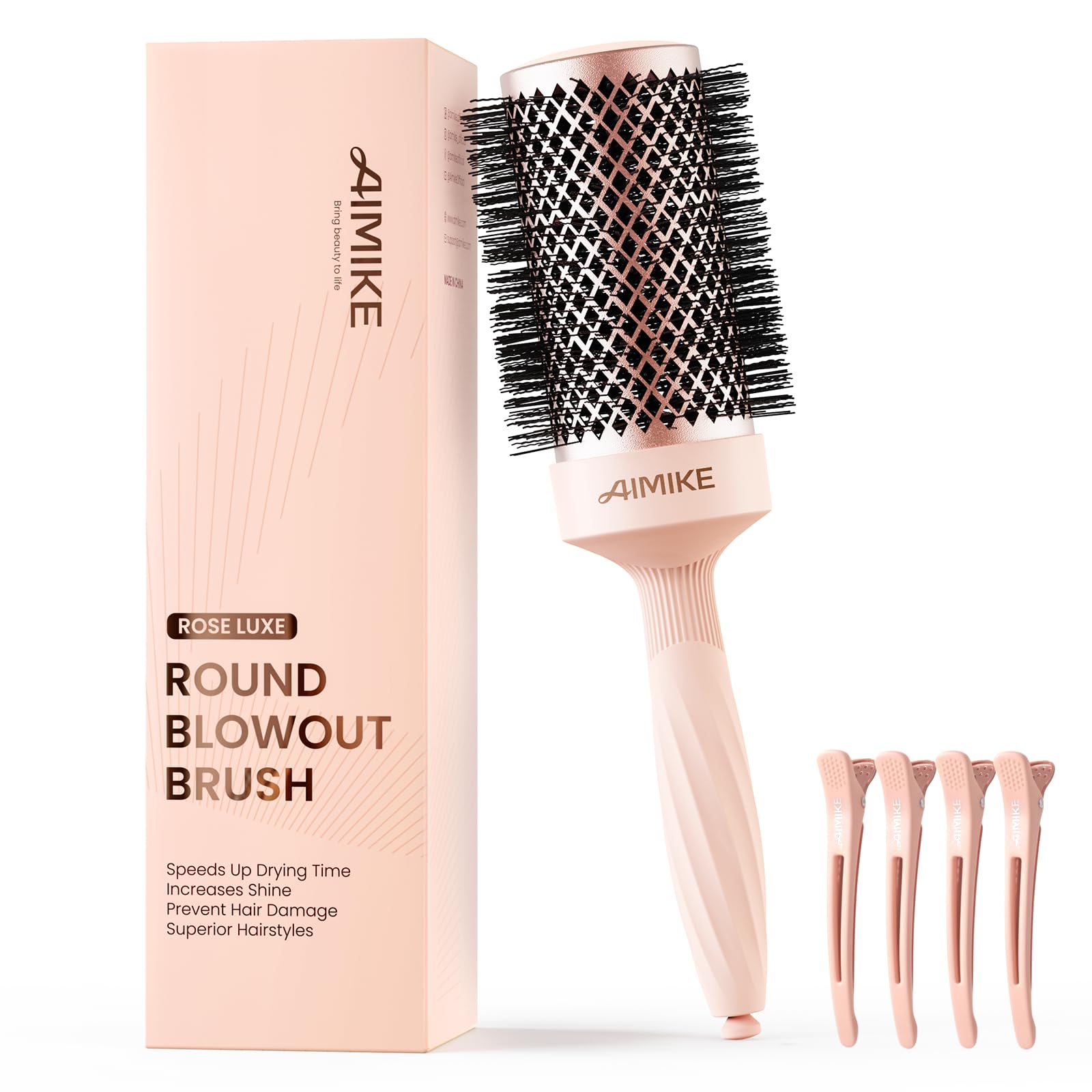 AIMIKE Rose Luxe Round Brush with a 2.1 inch barrel for voluminous blowouts.