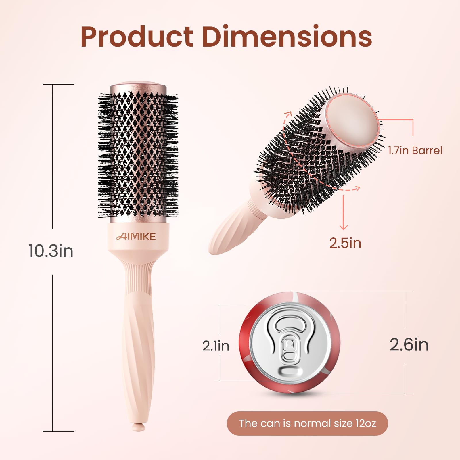 AIMIKE Rose Luxe Round Brush diameter 2-5 inches adds volume and shine.