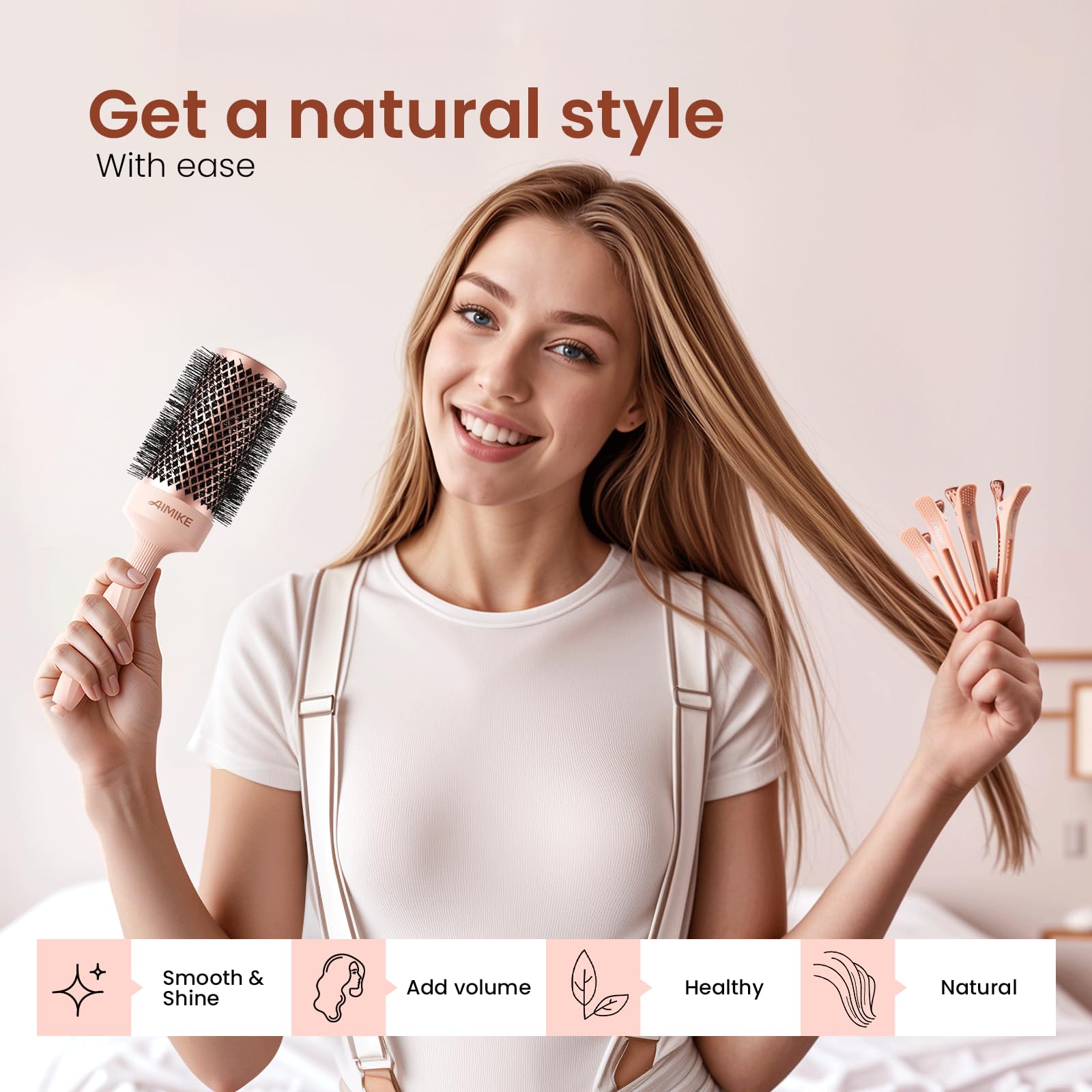 AIMIKE Rose Luxe Round Brush ergonomic grip provides comfortable, non-slip styling.