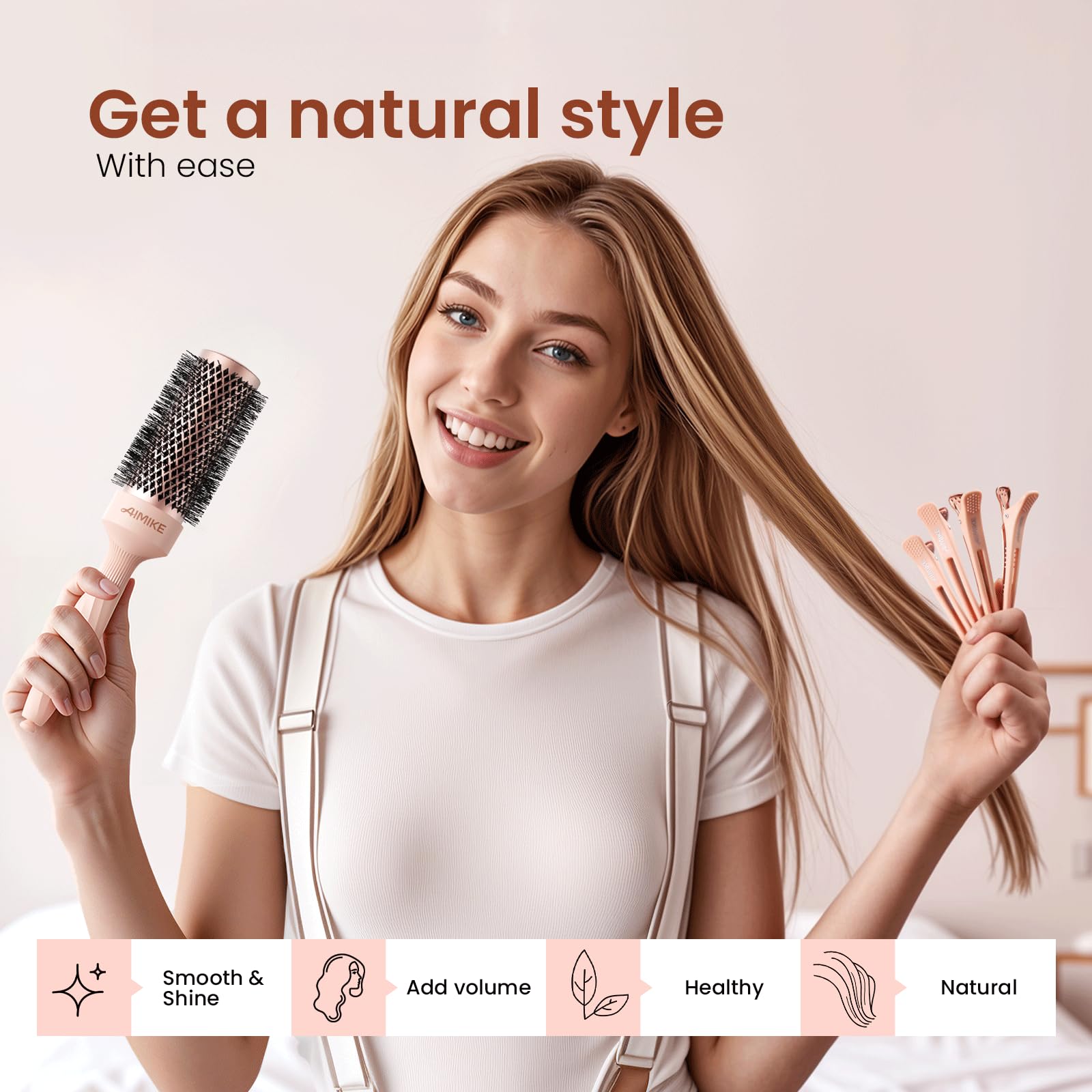 AIMIKE Rose Luxe Round Brush ion-infused bristles help reduce frizz for smoother brushing.