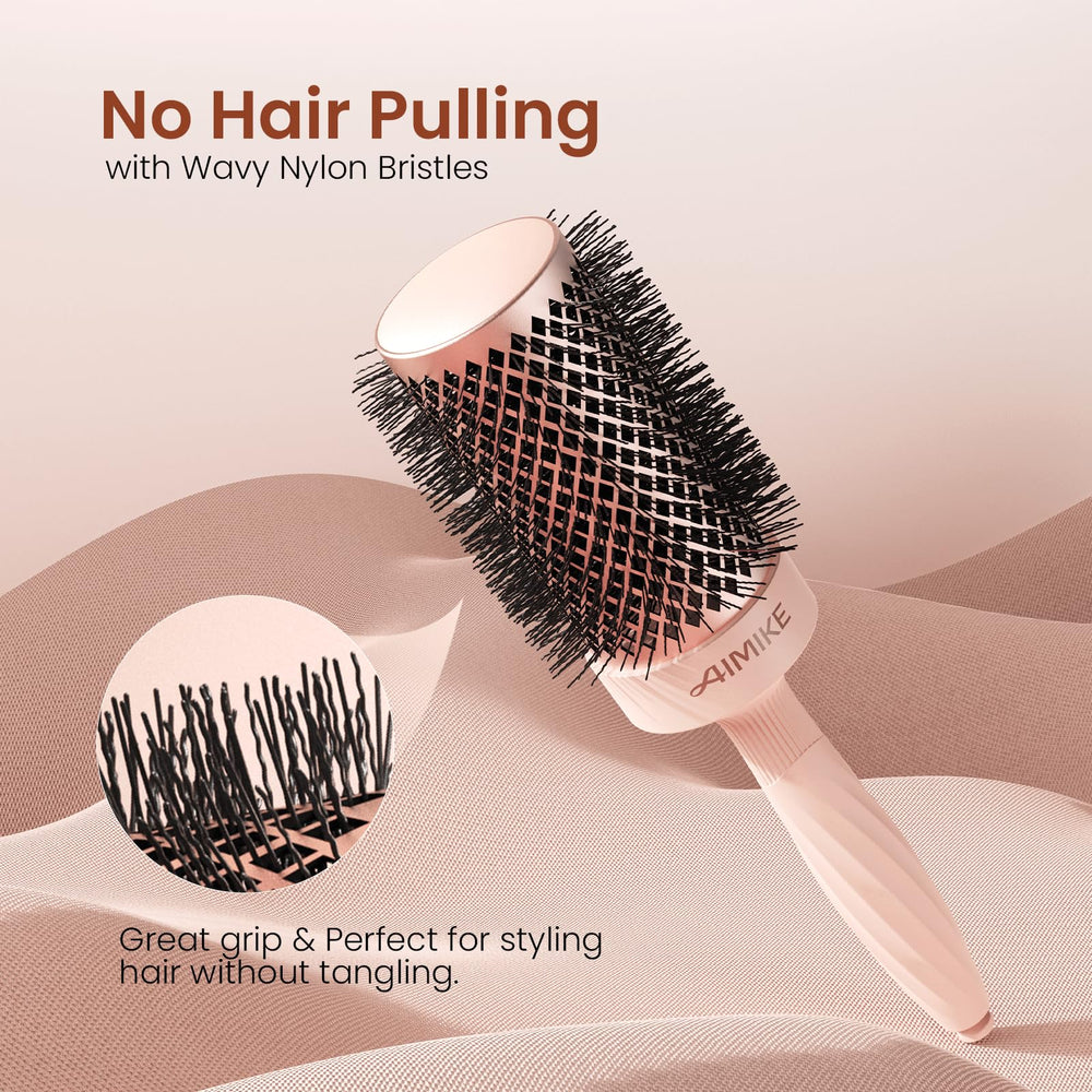 AIMIKE Rose Luxe Round Brush retractable pick assists sectioning and detangling.