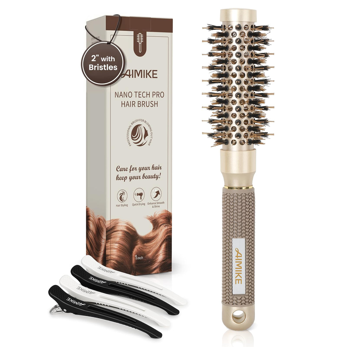 AIMIKE Round Hair Brush close up shows 1 inch barrel for precise styling and faster blowouts