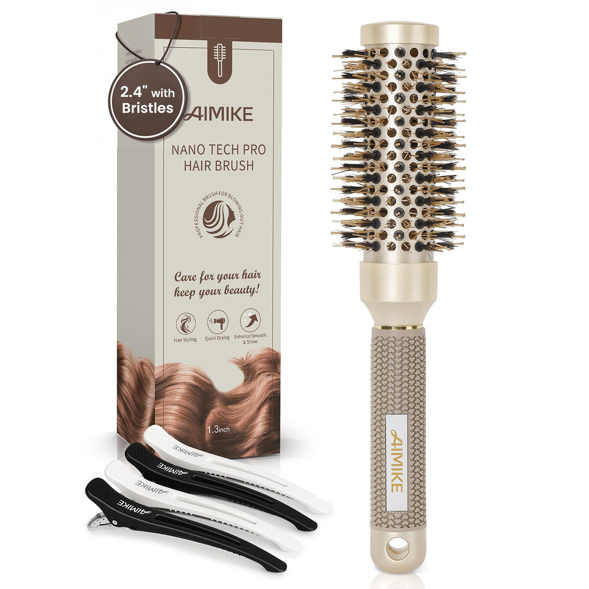 AIMIKE round brush with ergonomic handle for comfortable styling.