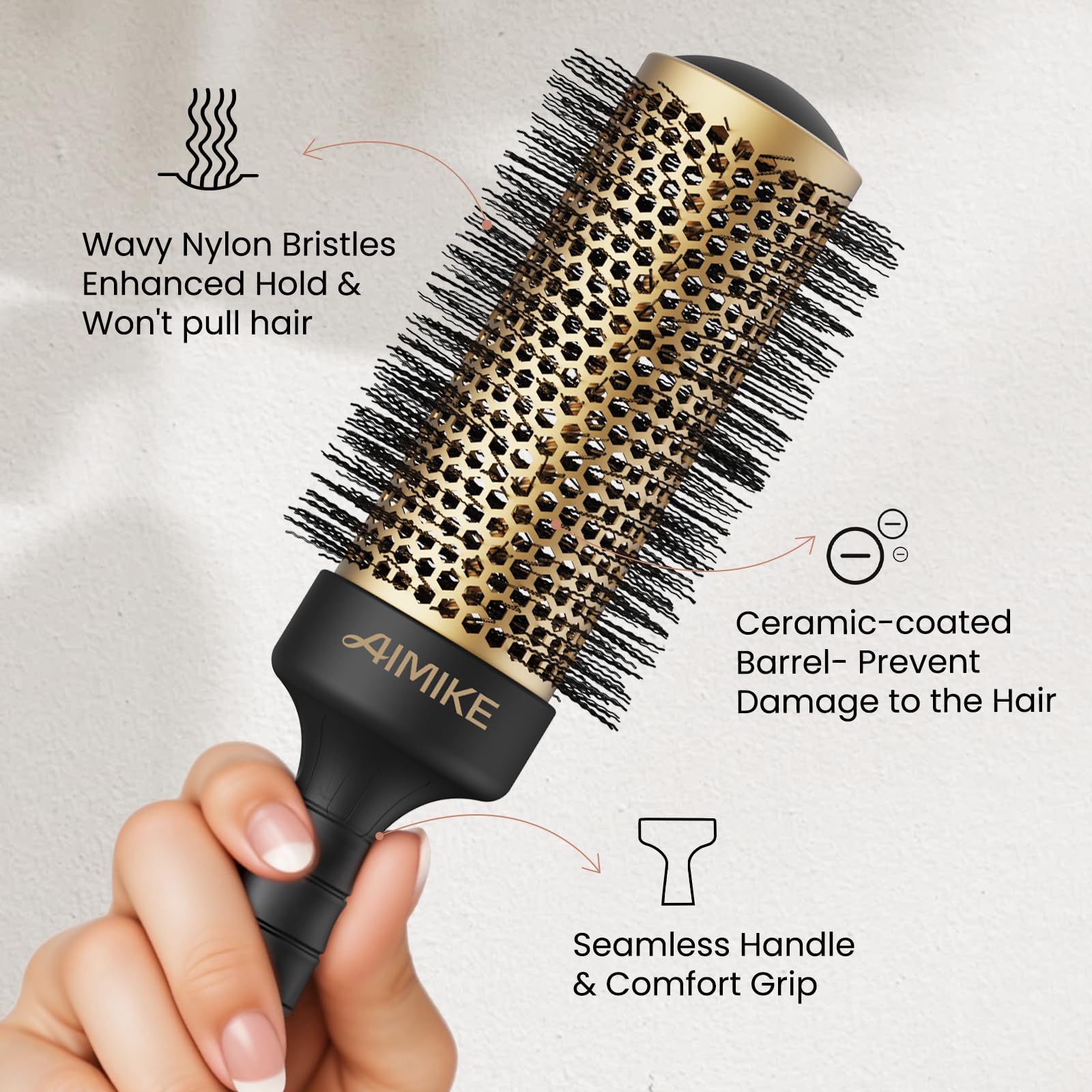 AIMIKE round brush with ergonomic one-piece handle for comfortable control.