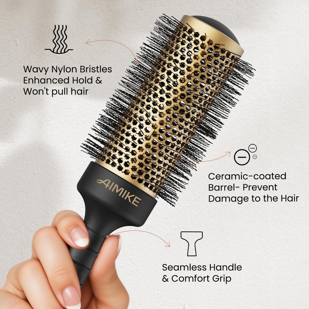 AIMIKE round brush with ergonomic one-piece handle for comfortable control.