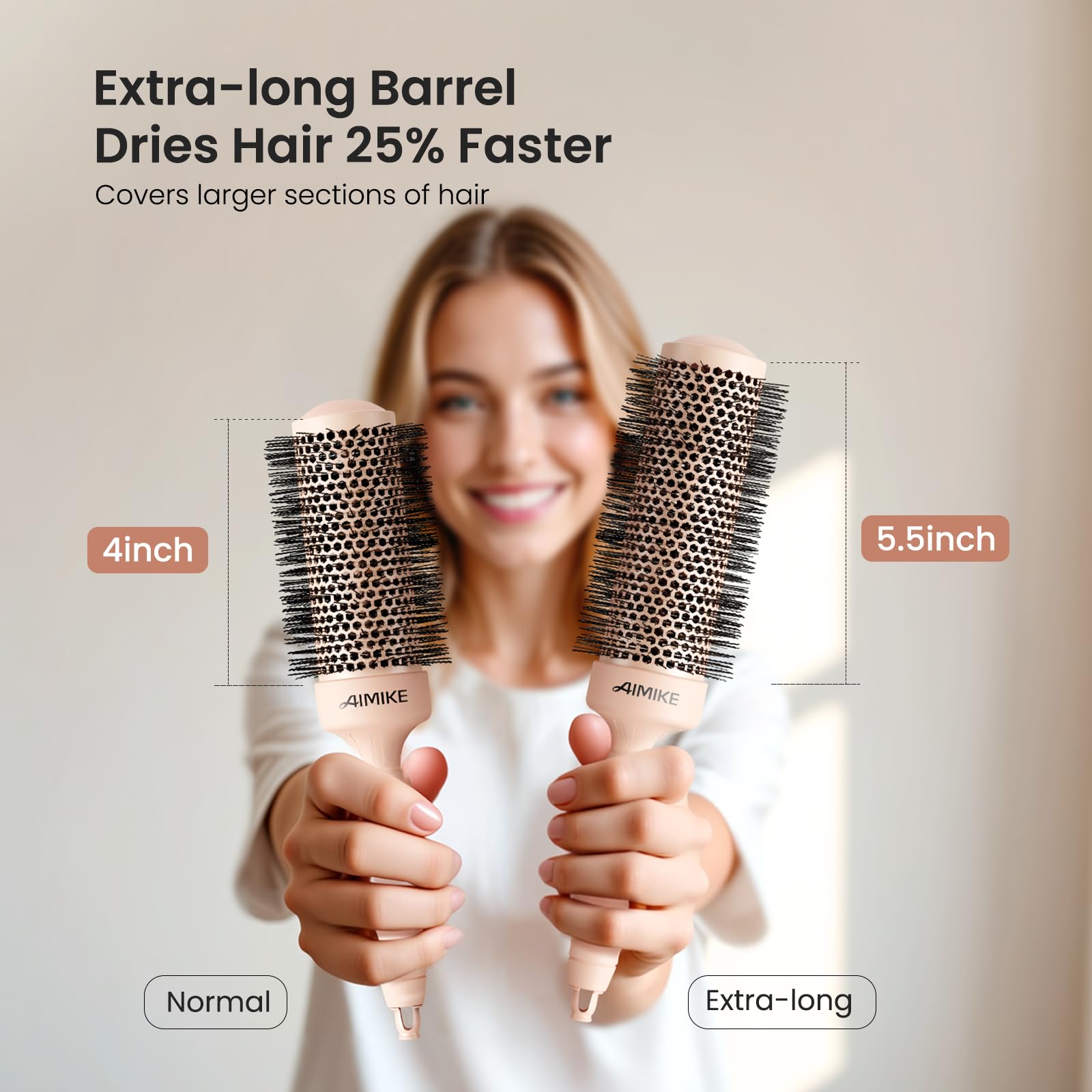 AIMIKE 1.7-inch long-barrel round brush dries more hair faster for efficient styling.