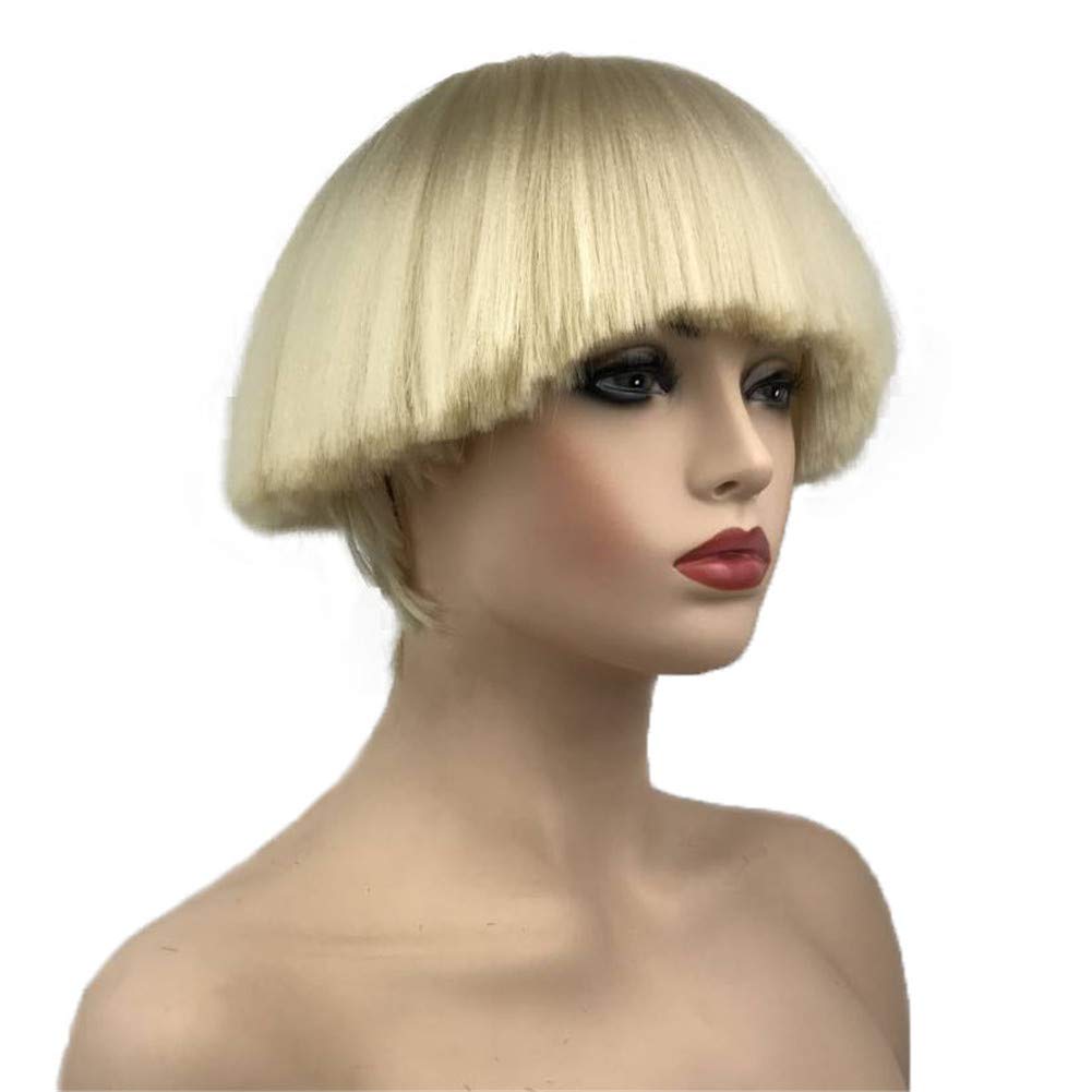 Aimole blonde wig side view highlights mushroom head silhouette, ideal for cosplay and parties.