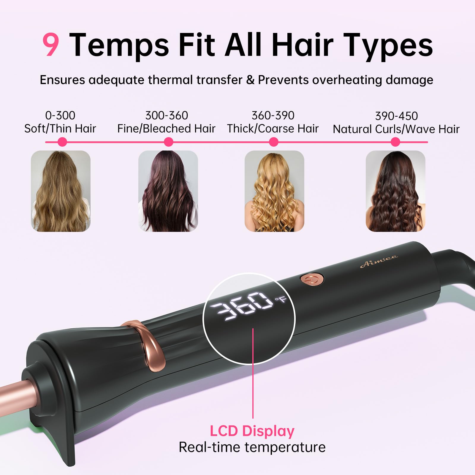 AIMSEE curling iron features recessed anti-scald button for safe use.