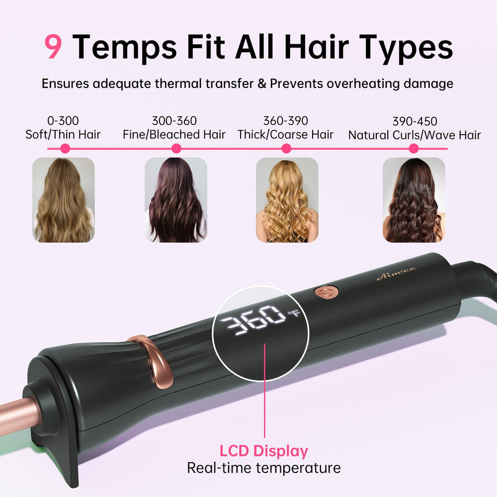AIMSEE curling iron features recessed anti-scald button for safe use.