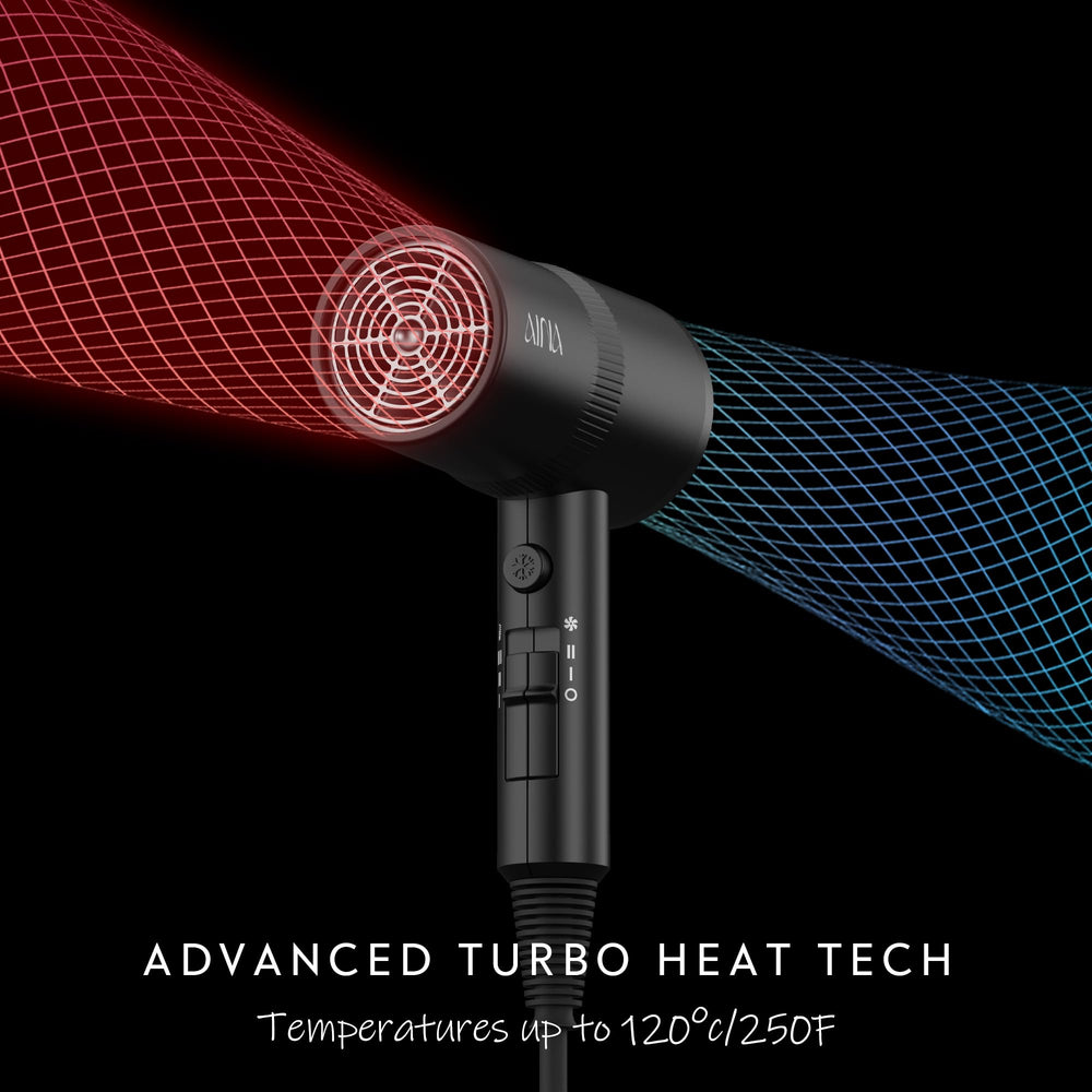 AINA hair dryer with 2 heat and 2 speed settings for versatile styling.