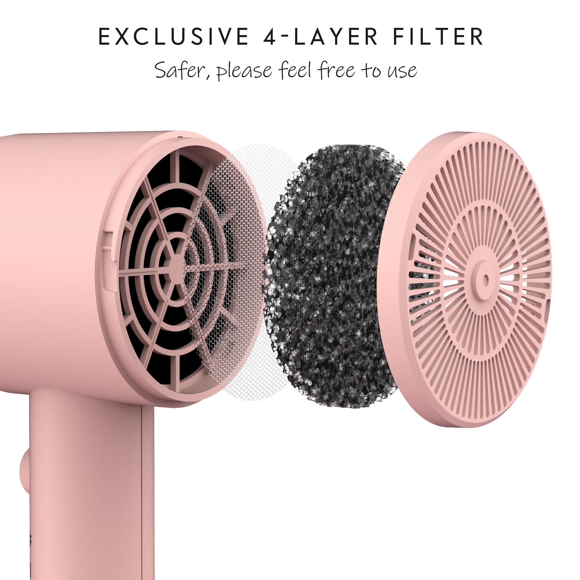 AINA hair dryer 4-layer filter close-up highlights safety and reduced hair suction.