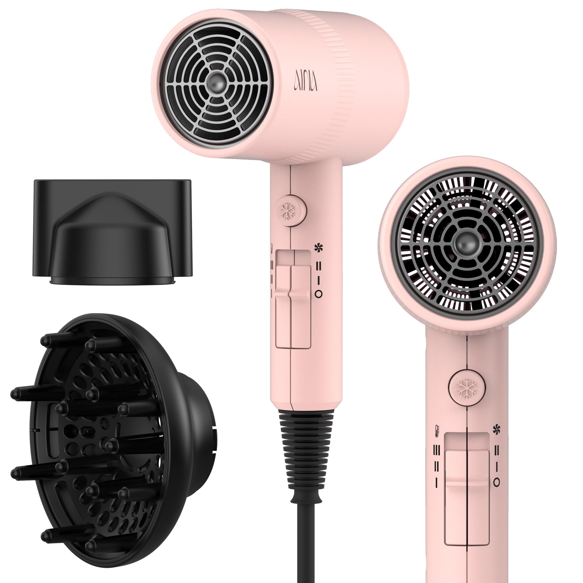 AINA hair dryer Babe Pink front view shows stylish design for fast, frizz-free drying.