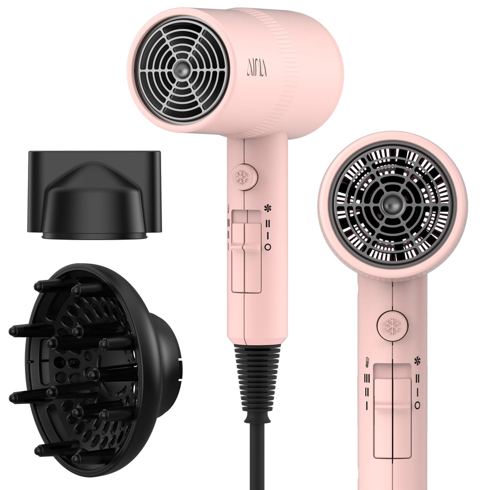 AINA hair dryer Babe Pink front view shows stylish design for fast, frizz-free drying.
