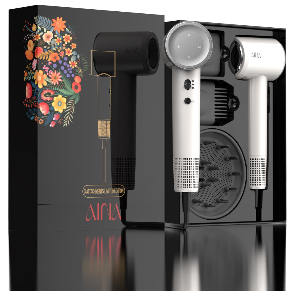 AINA Hair Dryer with brushless motor highlights powerful, quiet airflow for fast styling