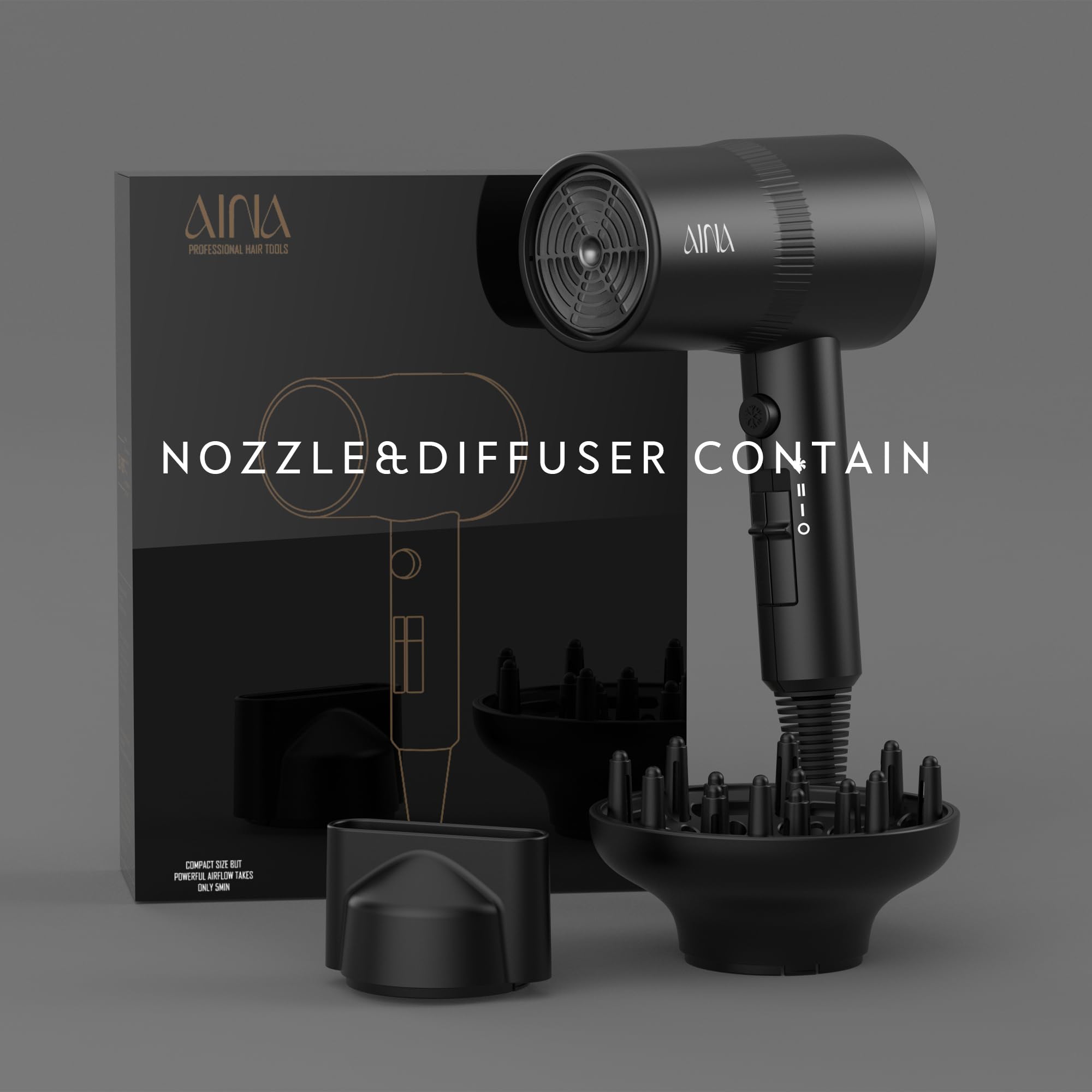 AINA hair dryer cold shot button to set styles with cool air.
